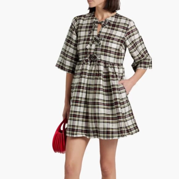 GANNI Plaid Ribbon Baby Doll Dress - Picture 1 of 8